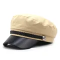 Khaki cotton newsboy cap with black leather brim and decorative braided cord accents - M (56-58cm) / Beige