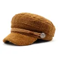 Caramel brown sherpa newsboy cap with rope detail and vintage metal button - M(56-58cm) / Brown