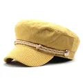 Detail of yellow corduroy newsboy hat with braided rope and golden metal buttons - M (56-58cm) / Yellow