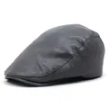 Detail view of stitched dark grey PU leather flat cap showing texture and curved brim - M (56-58cm) / Gray