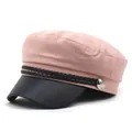 Detail of pink cotton fabric and black leather brim on a stylish newsboy cap - M (56-58cm) / Pink