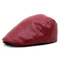 Detail view of burgundy leather beret cap with fine stitching and retro texture on white back - M (56-58cm) / Red