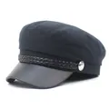 Detail of navy cotton flat top cap with black leather brim and silver metal button - M (56-58cm) / Navy Blue