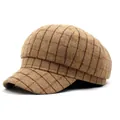 Detailed close-up of brown plaid newsboy cap with wool texture and curved brim - M / Khaki