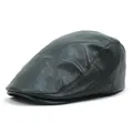 Close-up of deep green faux leather beret hat showing fine grain texture and neat stitching - M (56-58cm) / Green