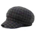 Retro plaid newsboy cap in dark grey and orange wool-like texture for women - M / Black