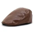 Close-up of brown PU leather flat cap showing detailed stitching and premium texture - M (56-58cm) / Brown