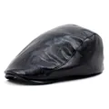 Classic black PU leather beret flat cap for men and women featuring fine texture and peak - M (56-58cm) / Black
