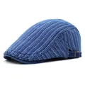 Navy blue striped men's beret hat with adjustable metal buckle on white background - M (56-58cm) / Dark Blue