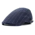 Detail of navy blue striped beret cap showing side metal buckle and denim texture - M (56-58cm) / Vintage Flat Cap (SX-601) / Navy Blue