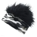 Close-up of camouflage knit wig beanie with fuzzy black faux fur trim for winter - M (56-58cm) / Grey + Black