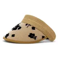 Elegante visiera parasole in paglia a tesa larga per donna con motivi floreali neri - M(56-58cm) / Kaki