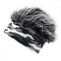 Macro shot of creative camouflage knit beanie with fuzzy grey wig top for outdoor fun - M (56-58cm) / Gray and Gray