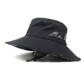 Detail of wide brim sun hat with grey camo patchwork and adjustable chin strap - M / Black