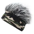 Bonnet tricoté camouflage unisexe avec faux cheveux gris pour événements d'hiver - M (56-58cm) / Vert et Gris
