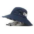 Men's navy sun hat with camouflage trim, wide brim and adjustable windproof strap - M / Navy Blue