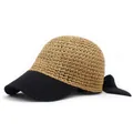 Women's woven straw baseball cap with black curved brim and stylish rear ribbon bow - M / Khaki