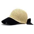Women's straw baseball hat with black fabric brim and oversized back bow detail - M / Beige