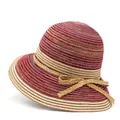 Chapeau de soleil en paille rayé à larges bords avec nœud tissé et lanière pour femme - M (56-58cm) / Bordeaux