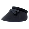 Close-up of black wide brim sun visor hat with straw texture and ribbon bow detail - M (56-58cm) / Black
