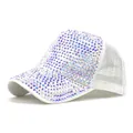 Detail of multi-colored rhinestones on white mesh trucker hat with iridescent crystals - M (56-58cm) / White