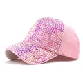 Pink baseball cap for women decorated with colorful AB rhinestones on a white background - M (56-58cm) / Pink