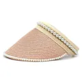 Detail of straw visor with elegant pearl trim and beige ribbon for sun protection - M (56-58cm) / Pink