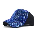 Detailed view of black baseball cap with blue iridescent rhinestones on brim and front - M (56-58cm) / Black And Blue AB