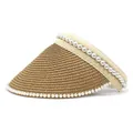 Detailed view of women's straw sun visor with pearl trim and breathable open-top design - M (56-58cm) / Khaki