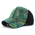 Detail of colorful rhinestones on a black curved brim baseball cap with shiny accents - M (56-58cm) / Black And Green AB