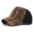 Detailed view of shimmering gold rhinestones on black canvas baseball cap visor - M (56-58cm) / Black and Rose Gold