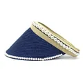 Detail of navy blue woven sun hat with beige satin band and elegant pearl embellishments - M (56-58cm) / Blue