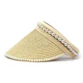 Detail of straw sun visor with pearl embellishments and woven texture on beige brim - M (56-58cm) / Beige