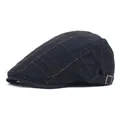 Men's vintage black flat cap with orange striped plaid and metal adjustable side buckle - M (56-58cm) / Black