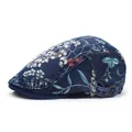 Vintage Baskenmütze aus gewaschenem Denim mit Blumenmuster und Metallschnalle - M (56-58cm) / Dunkelblau