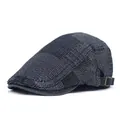 Vintage denim platte pet voor dames en heren met gestreept patchwork en verstelbare gesp - M / Zwart