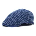 Distressed blue denim flat cap with vintage frayed texture and adjustable metal side buckle - M (56-58cm) / Dark Blue