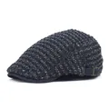 Retro distressed denim beret hat with grid texture and metal adjustment buckle for unisex - M (56-58cm) / Black