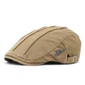 Men's solid color cotton flat cap with herringbone texture and metal logo detail - M (56-58cm) / Khaki