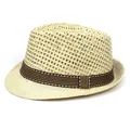 Atmungsaktiver gewebter Jazz-Fedora-Hut in Naturbeige mit gestreiftem Band für den Sommer - M / Beige
