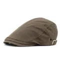 Classic men's brown cotton flat cap with side adjustable metal buckle in a side profile view - M (56-58cm) / Dark Green