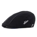 Classic black cotton flat cap with stylish side stripes and adjustable metal buckle strap - M (56-58cm) / Black
