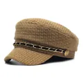 Classic caramel tweed baker boy hat with gold chain and vintage metal button detail - M (56-58cm) / Khaki