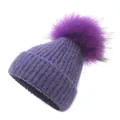 Purple knit beanie with oversized pom-pom, cozy chunky cable texture on white backdrop - One Size / Purple