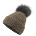 Mixed color knit beanie for women featuring a faux fur pompom and ribbed cuff detail - One Size / Brown