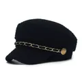 Chic black tweed newsboy cap with gold chain and vintage embossed button detail - M (56-58cm) / Black
