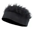 Quirky black knitted beanie with fluffy synthetic hair wig top for a casual winter look - All Black (Cloth Style)