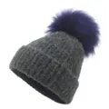 Colorful mixed knit beanie for women with warm ribbed cuff and large faux fur pompom - One Size / Black