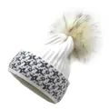 White knit beanie with large fluffy pompom and sparkly silver sequin trim for winter warmth - M / White