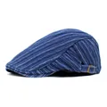 Blue and white striped cotton denim beret ivy cap with adjustable metal buckle for casual wear - M (56-58cm) / Dark Blue